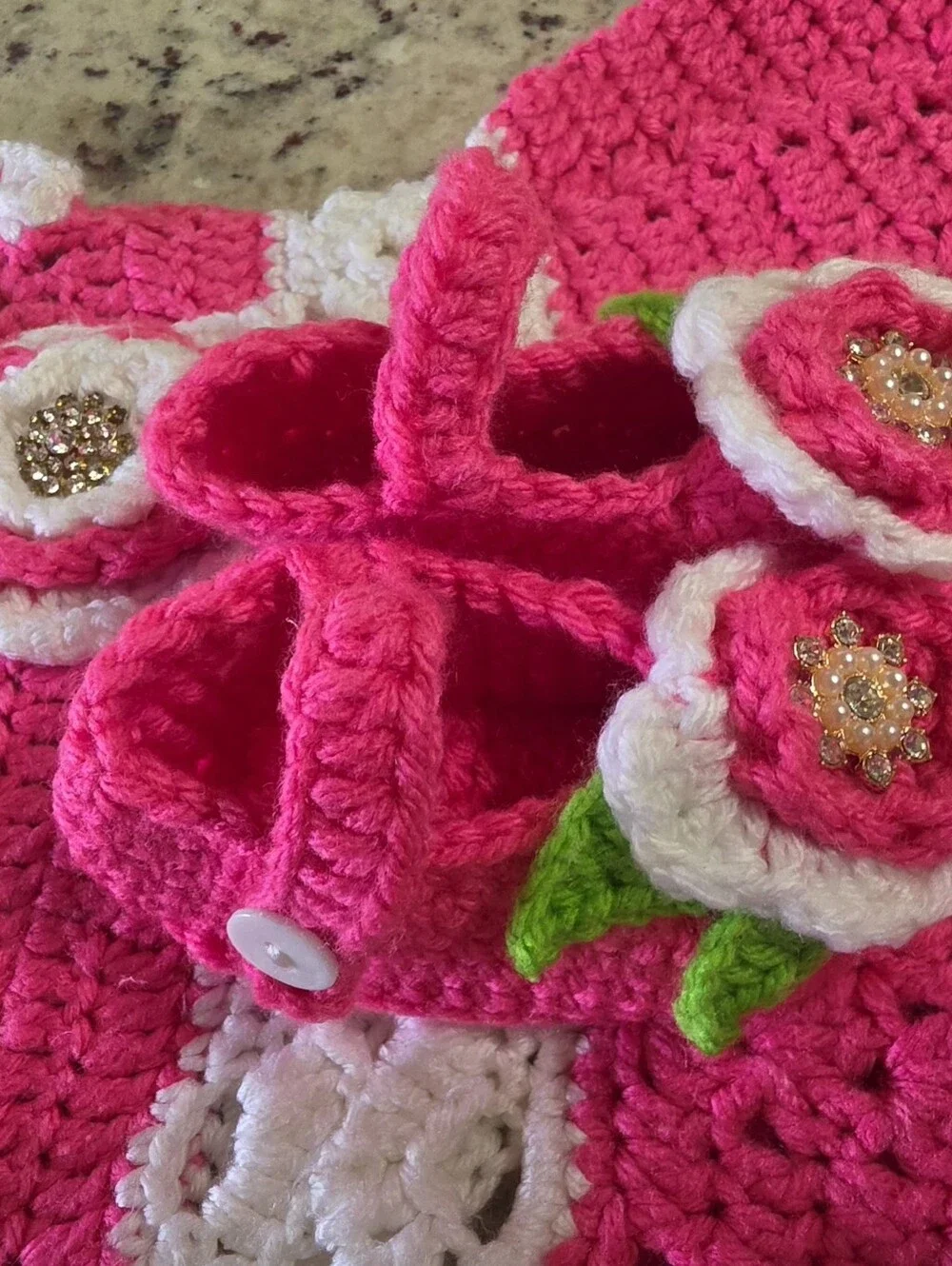 Handmade Hot Pink & White Crochet Dress with Matching Shoes